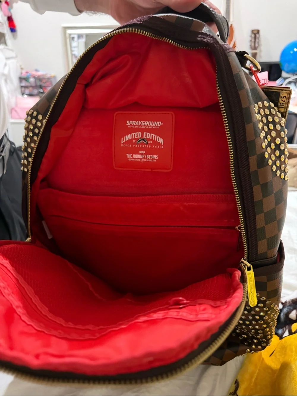 Brand new Sprayground Brown Checkered Backpack with Gold Stud Accents